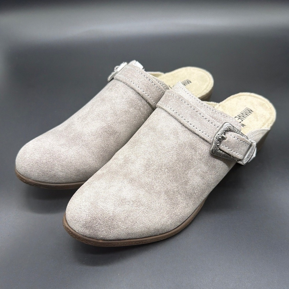 Minnetonka 1541 Women Stone Gray‎ Leather Western Buckle Mule Block Heel Clogs 8